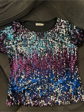 Anna-Kaci Blue Purple Silver Sequin Short Sleeve Top